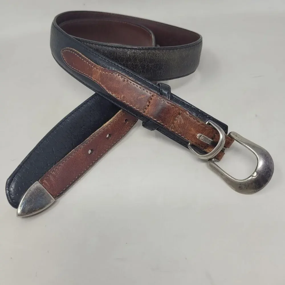 Brighton Belt 36 Black Brown Leather Western Silver Buckle Tip Two Tone Cowboy